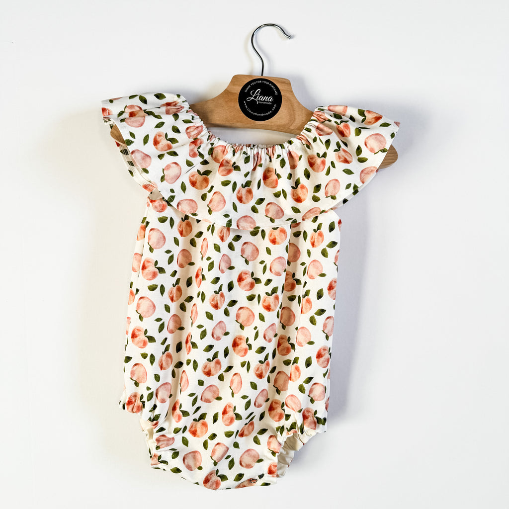 Peach Fruit Print: Ruffle Neck Romper