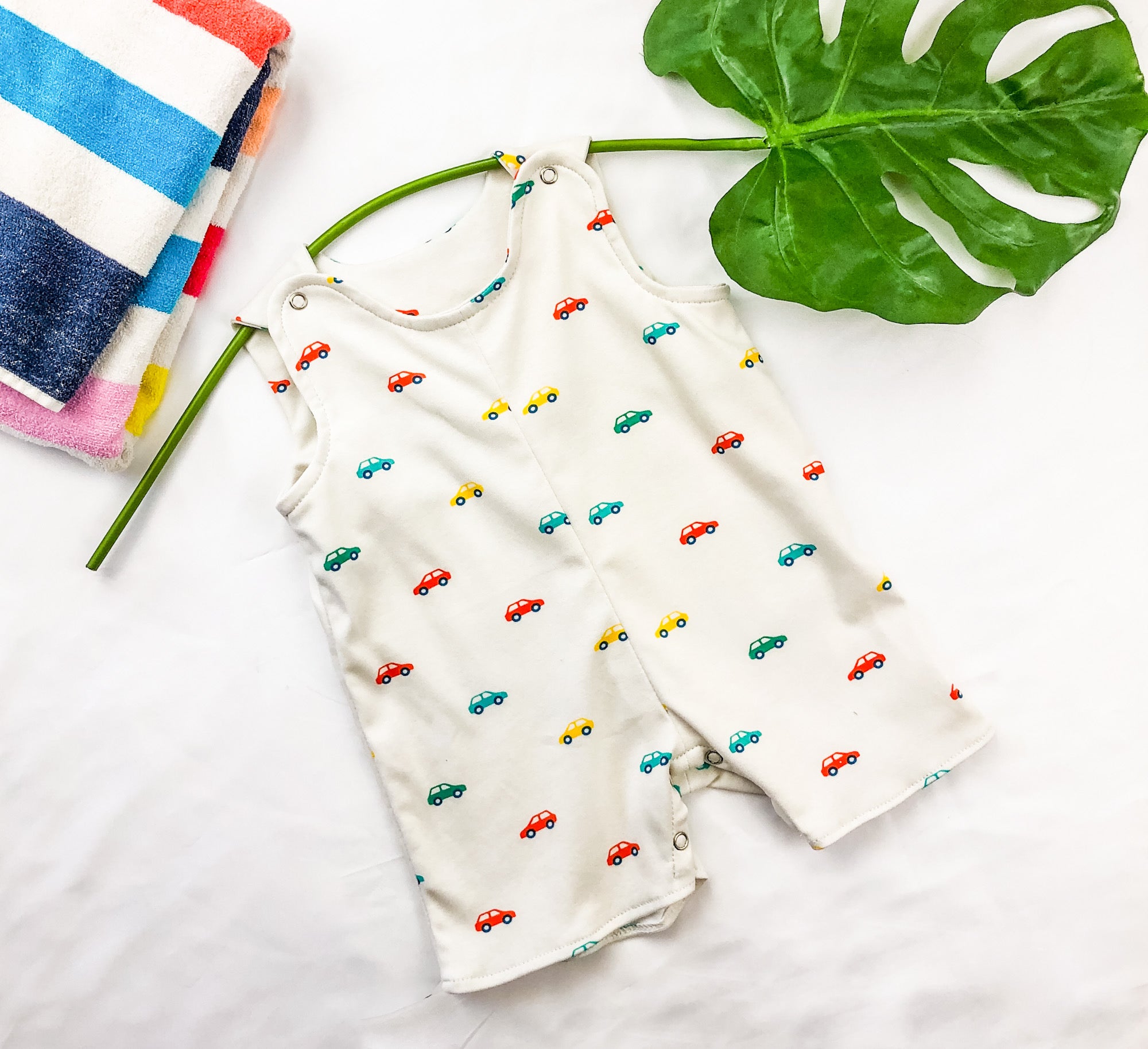 Baby Boy Overall Short Romper: Car Print