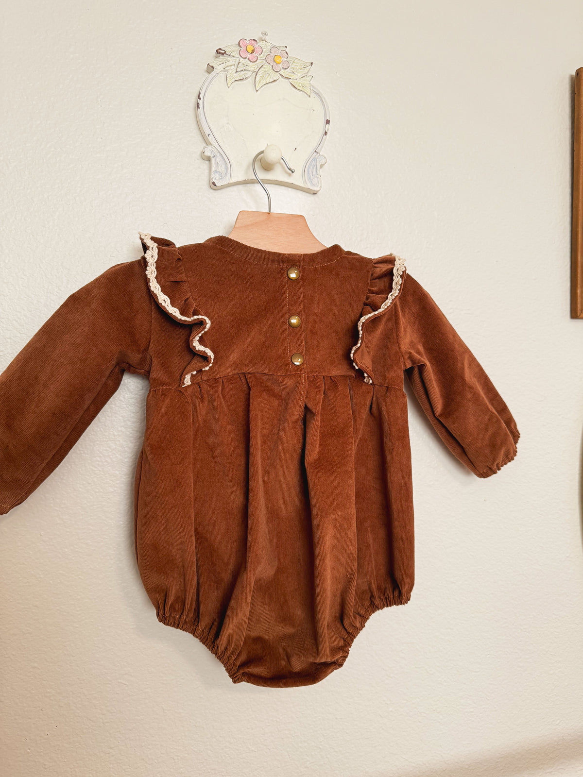Brown Corduroy Romper: Long Sleeve, Ruffles, Toddler, Baby