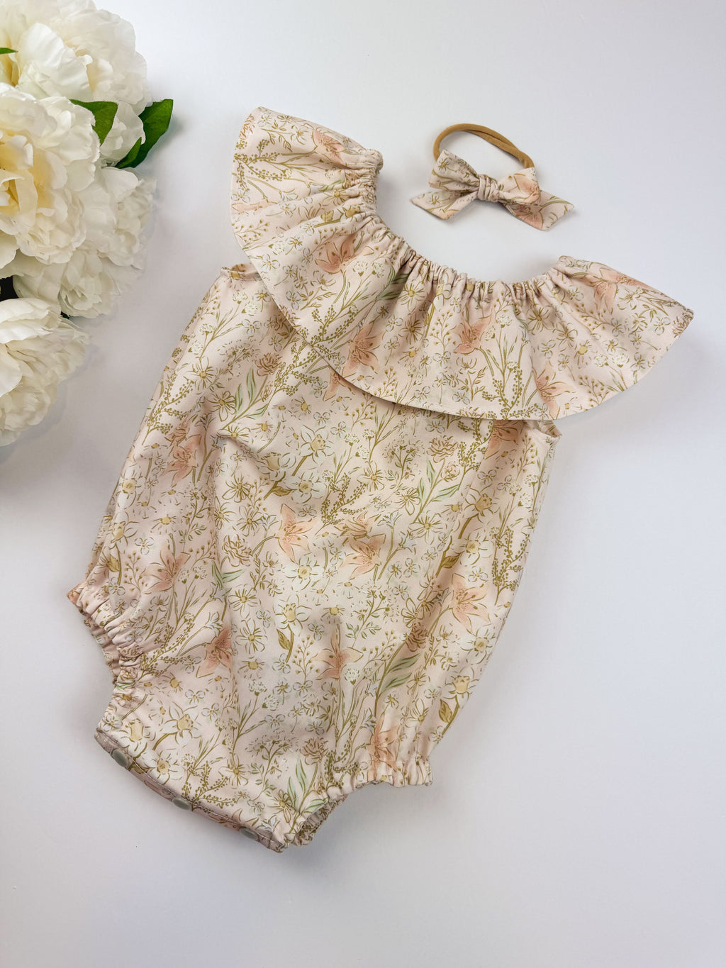 Spring Daffodil Romper: Soft Pink Spring Floral, Ruffle Neck