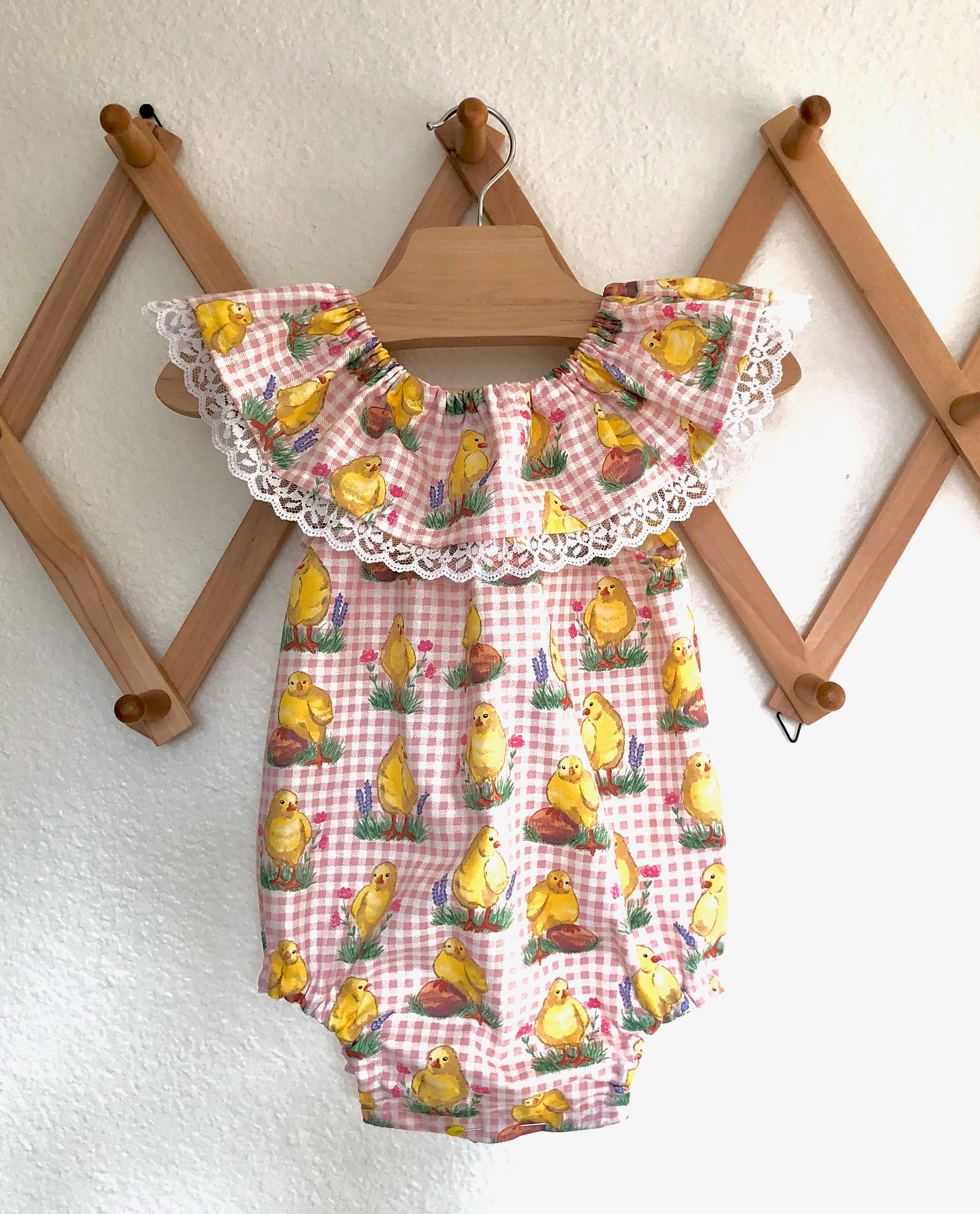 Chick Baby Romper: Ruffle Neckline, Vintage Easter Print, Pink Outfit