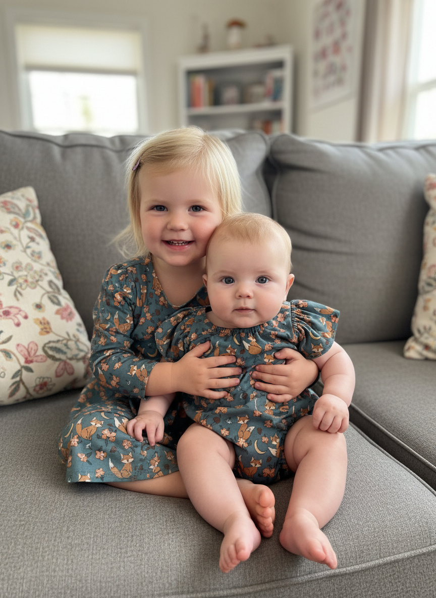 Fox and Acorn Romper: Ruffle Neckline Cotton