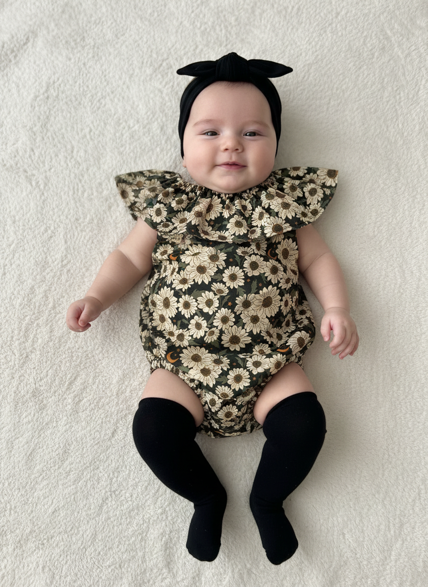 Daisy and Moon Romper: Ruffle Black and White