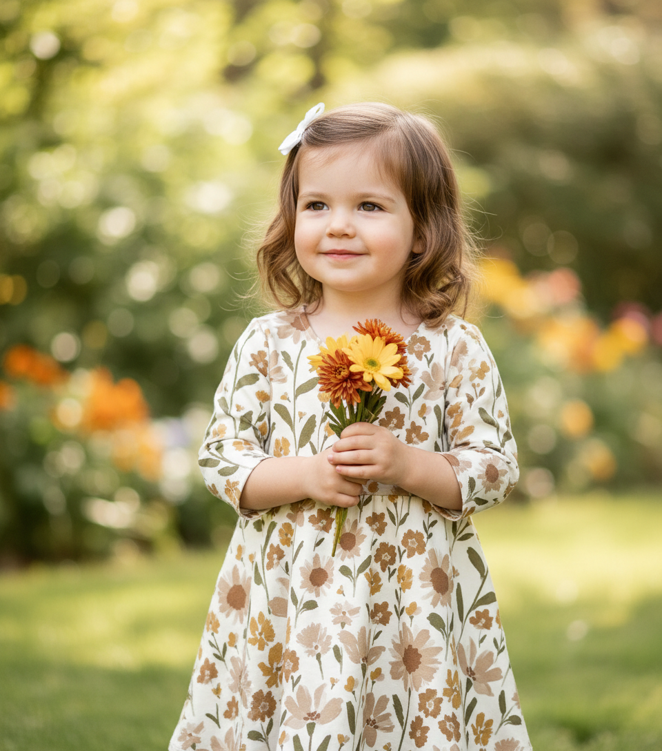 Wild Flower Knit Toddler Dress: Neutral Floral Twirl Dress