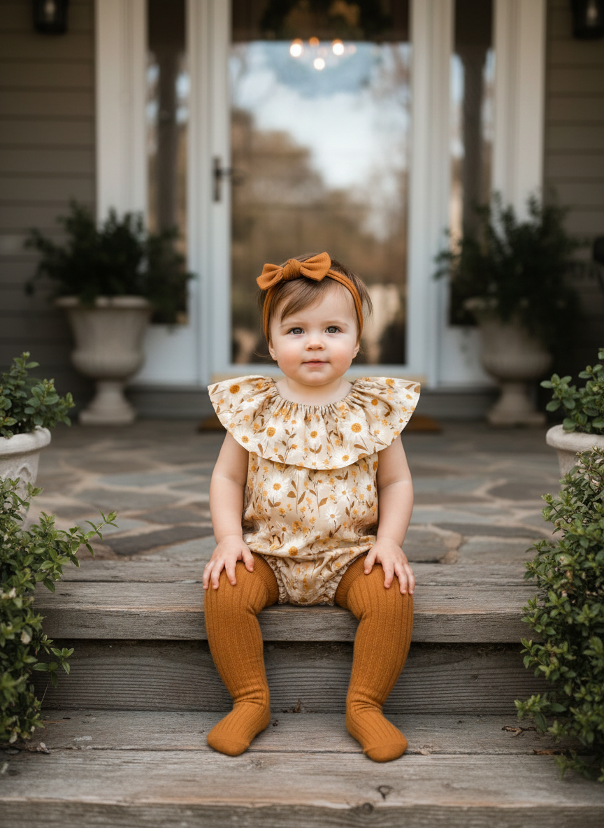 Neutral Floral Baby Romper: Ruffle Neckline Cotton