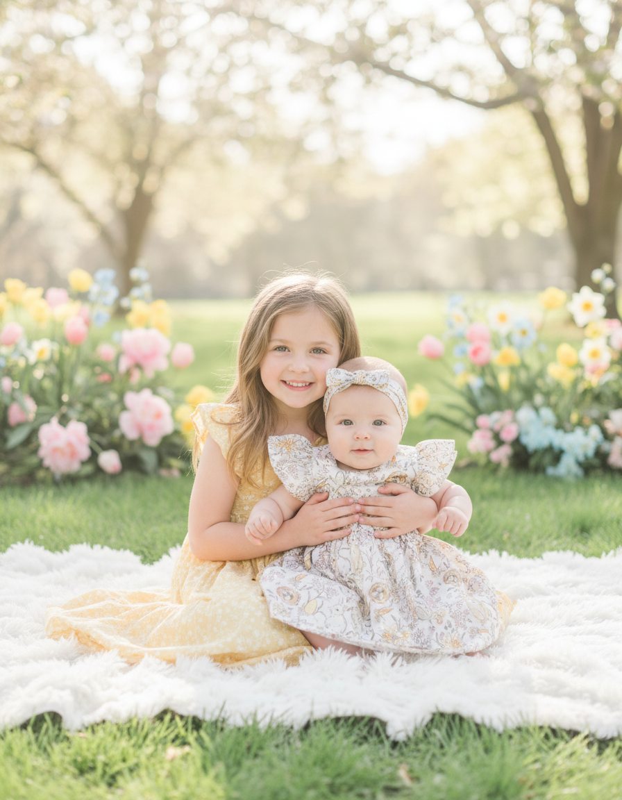 Bunny Print Baby Dress: Ruffle Neckline, Lilac Floral