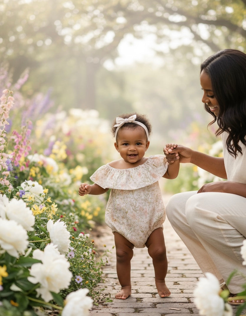 Spring Daffodil Romper: Soft Pink Spring Floral, Ruffle Neck