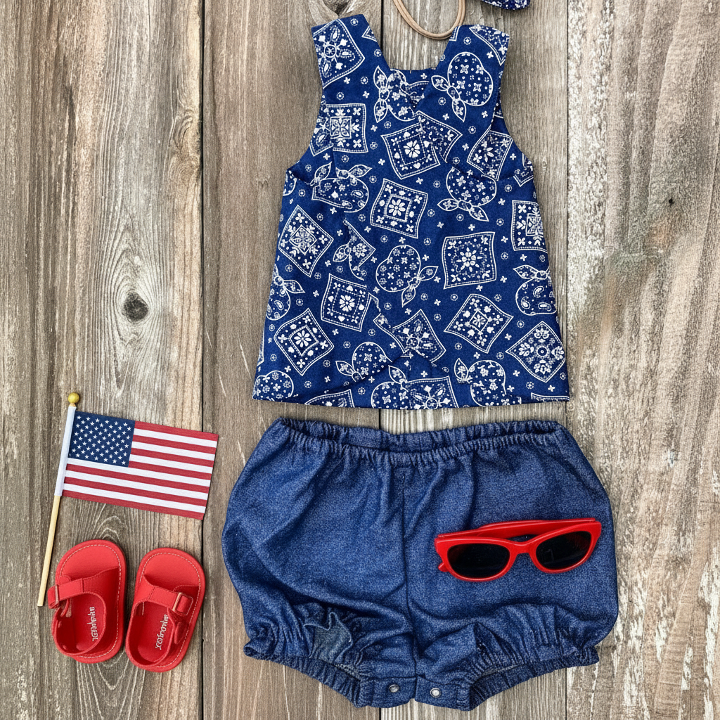 Cross Top and Bloomer Set: Cowgirl Top, Red Bandana, Handmade Baby Outfit