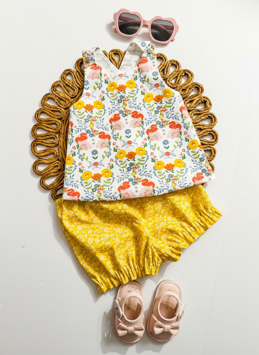 Yellow and Blue Baby Bloomer Sets: Summer Two Piece Outfit