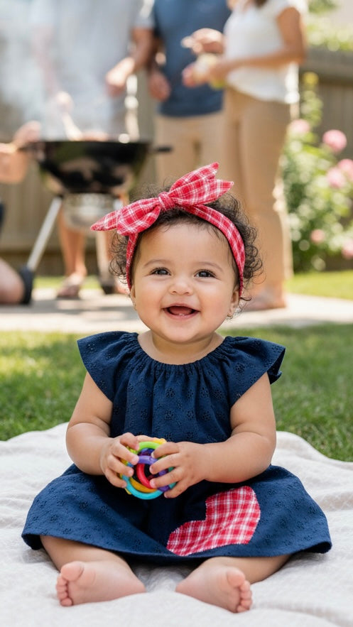 Navy Blue Dress: Eyelet with Red Heart, Flutter Sleeves with Headband