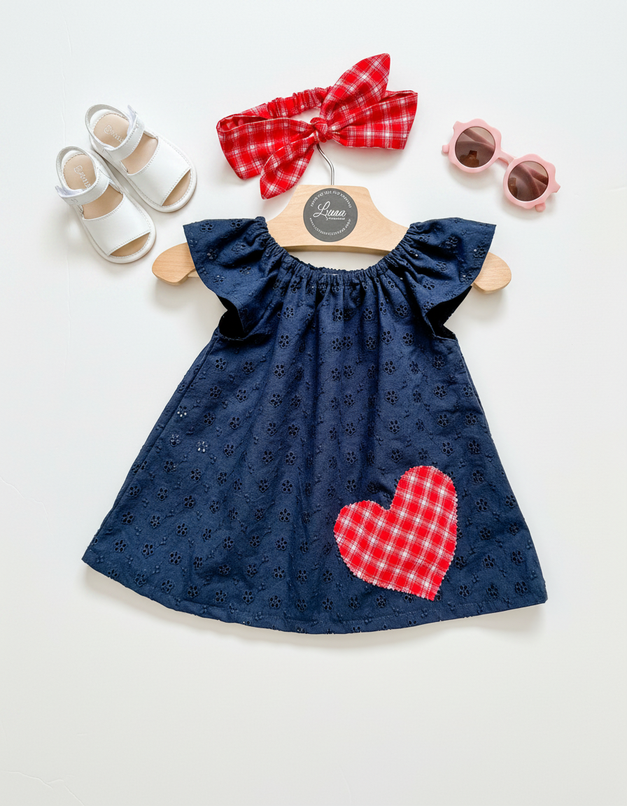 Navy Blue Dress: Eyelet with Red Heart, Flutter Sleeves with Headband