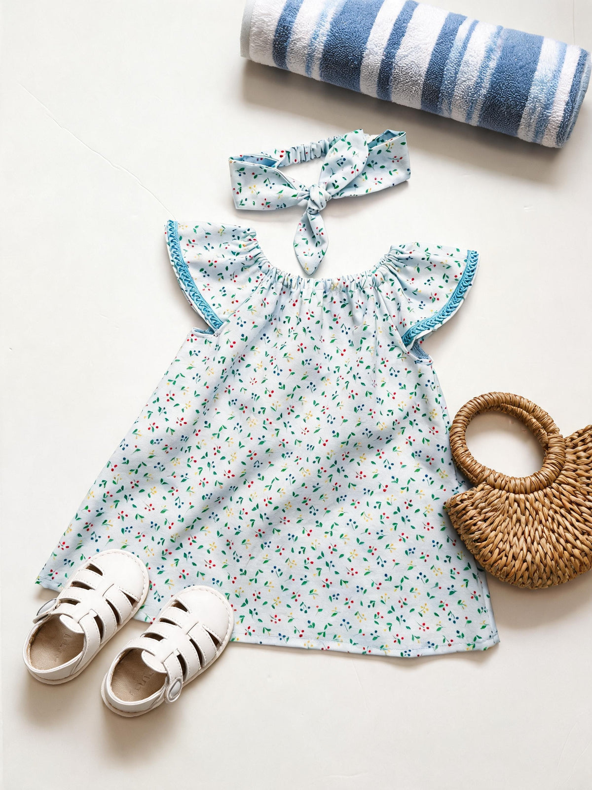 Baby Blue Summer Dress: Flutter Sleeve with Trim Detail, Headband
