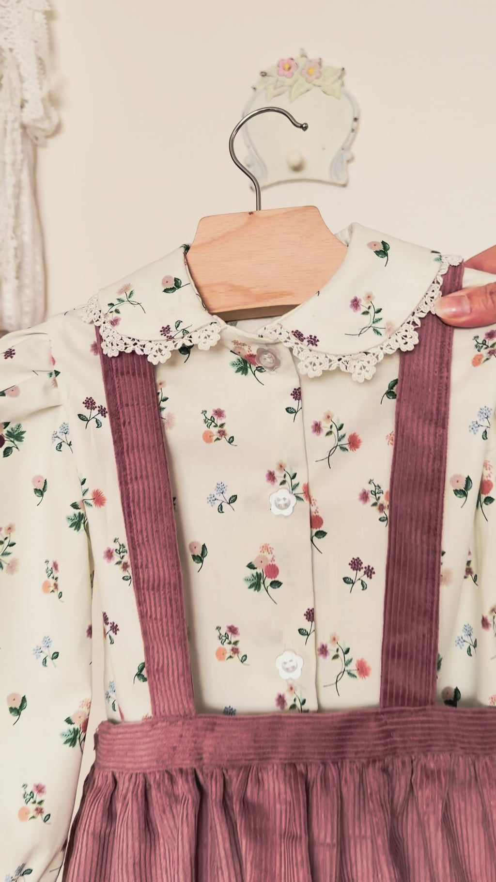 Toddler Two Piece Set, Peter Pan Floral Blouse with Corduroy Skirt, Handmade
