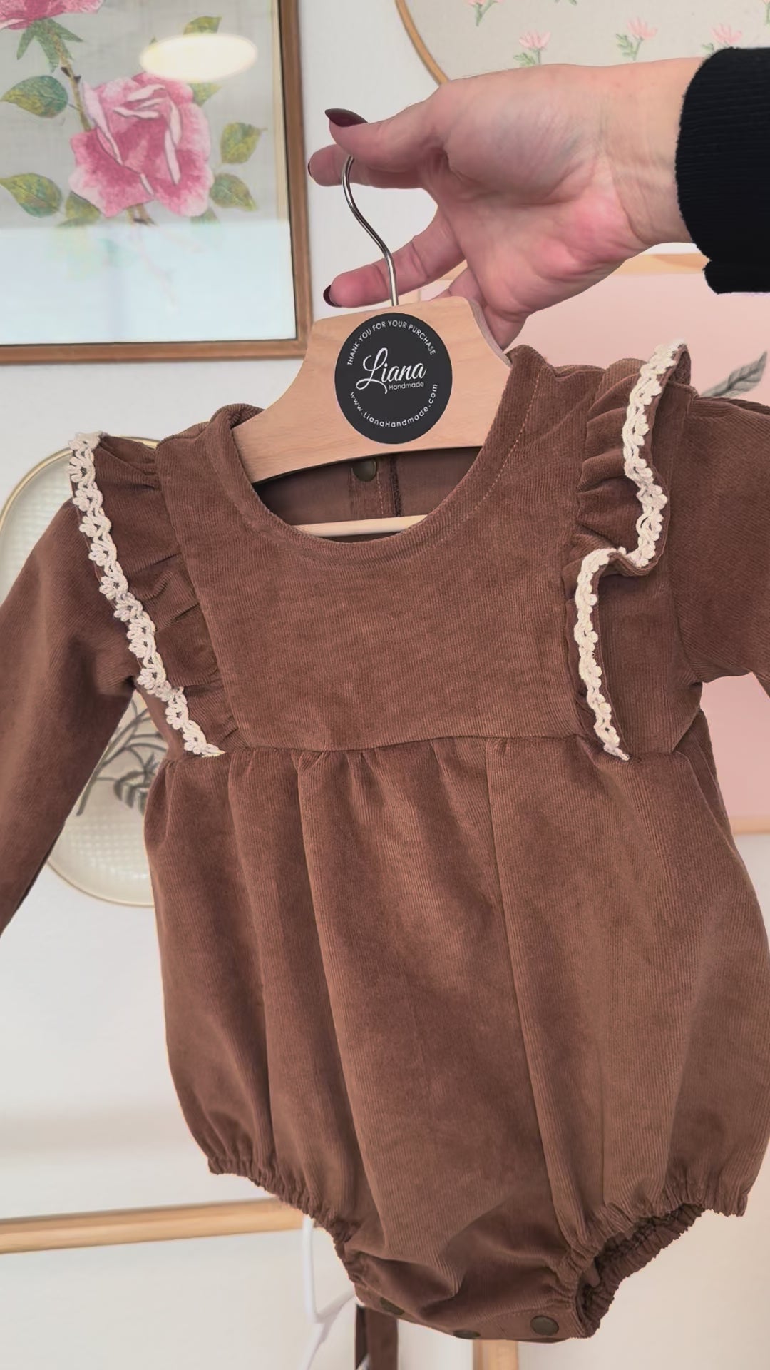 Brown Corduroy Romper: Long Sleeve, Ruffles, Toddler, Baby